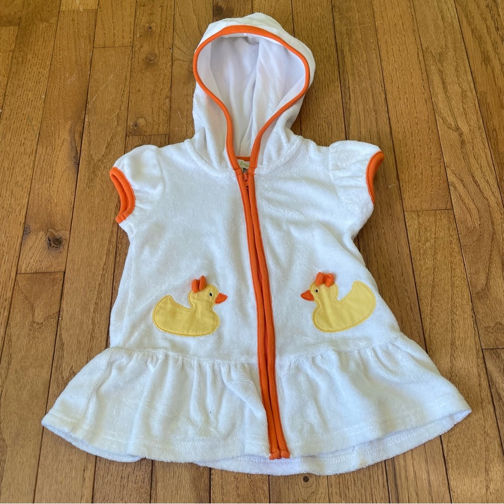 LE TOP WHITE ORANGE DUCK GRAPHIC TERRY CLOTH ZIP COVER UP DRESS SIZE 12 MONTHS